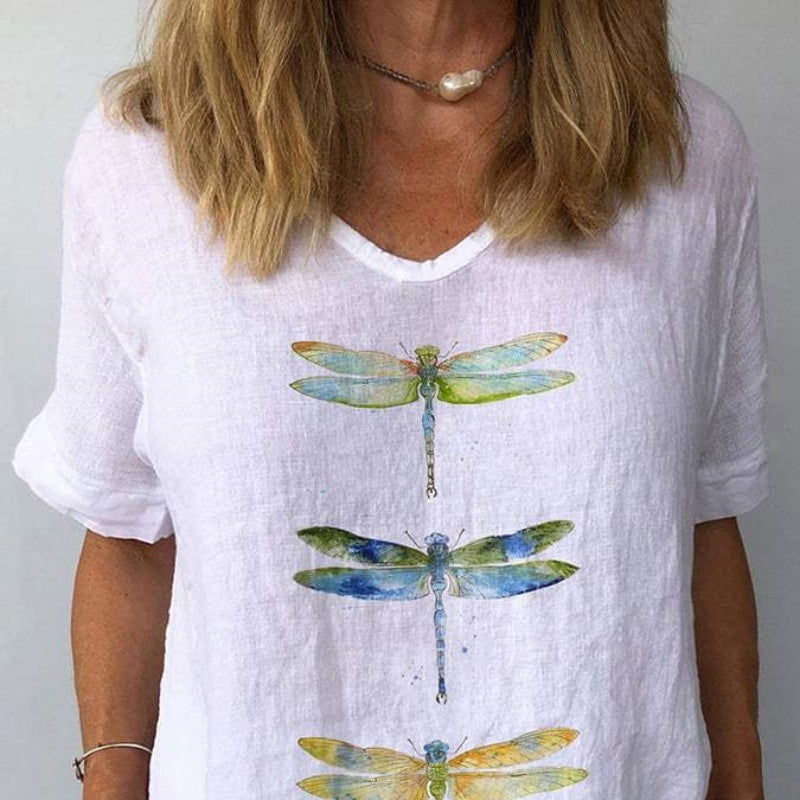 3d Printed V-neck Loose Women's T-shirt Short Sleeve - Chic Angle